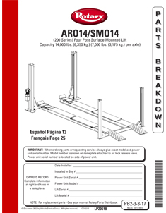 Rotary Lift SMO14 ARO14 PART BREAKDOWN
